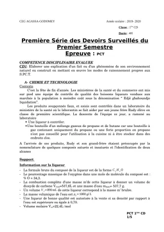 Première page de PCT 1ère C, 1ère D — 1er devoir surveillé, 1er semestre (2019-2020) · CEG Agassa Godomey