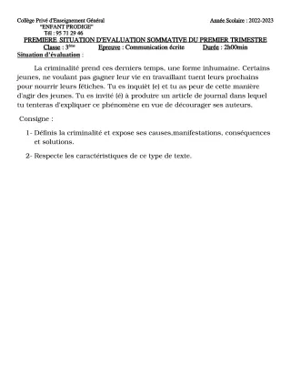 Première page de Français 3e — Évaluation sommative, 1er trimestre (2022-2023) · CPEG ENFANT PRODIGE