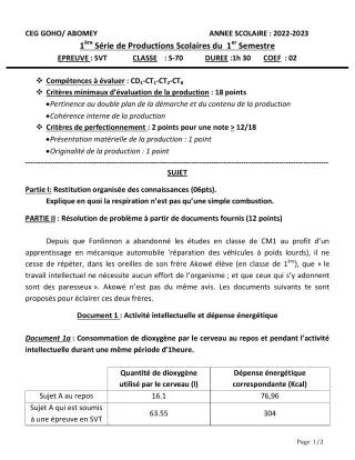 Première page de SVT 1ère A2 — 1re production scolaire, 1er semestre (2022-2023) · CEG GOHO
