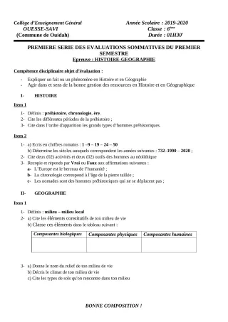 Première page de Histoire-Géographie 6e — 1re évaluation sommative, 1er semestre (2019-2020) · Ceg OUESSE