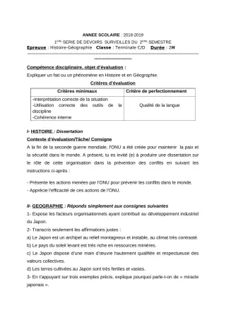 Première page de Histoire-Géographie Tle C, Tle D — 1er devoir surveillé, 2e semestre (2018-2019) · CEG Banikanni