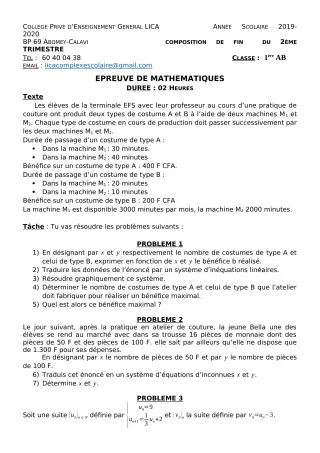 Première page de Mathématiques 1ère A2, 1ère B — Composition, 1er trimestre (2019-2020) · CPEG LICA