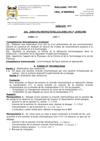 Première page de PCT 3e — 2e production scolaire, 1er semestre (2022-2023) · CEG1 Ikpinlè