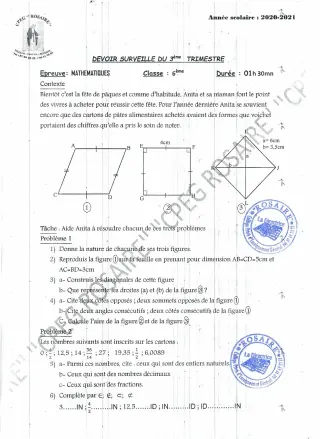 Première page de Mathématiques 6e — 1er trimestre (2020-2021) · CPEG ROSAIRE