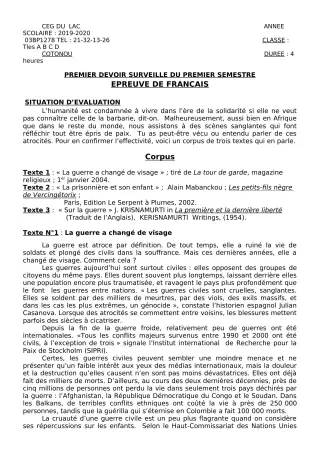 Première page de Français Tle A2, Tle B, Tle C, Tle D — 1er devoir surveillé, 1er semestre (2019-2020) · CEG du Lac