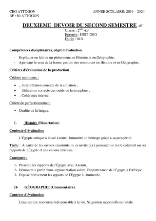 Première page de Histoire-Géographie 2nde A & B, 2nde A1, 2nde A2, 2nde B — 2e devoir surveillé, 2e semestre (2019-2020) · CEG Attogon