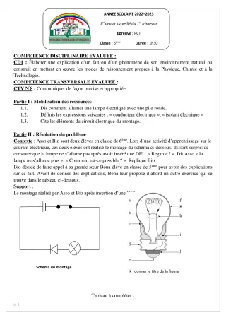 Première page de PCT 6e — 1er devoir surveillé, 1er trimestre (2022-2023) · CPEG MON AVENIR PLUS