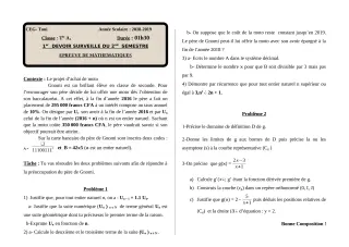 Première page de Mathématiques Tle A1 — 1er devoir surveillé, 2e semestre (2018-2019) · CEG TOUI