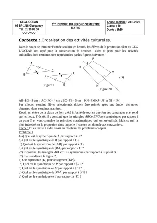 Première page de Mathématiques 6e — 2e devoir surveillé, 2e semestre (2019-2020) · CEG l'Océan