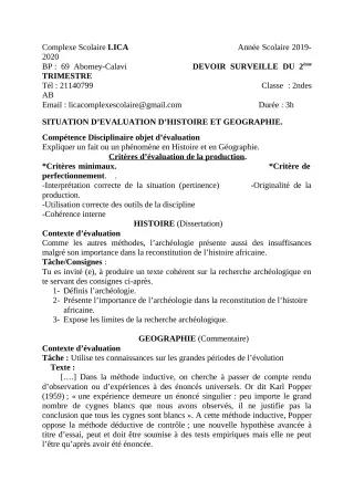 Première page de Histoire-Géographie 2nde A2, 2nde B — Devoir surveillé, 1er trimestre (2019-2020) · CPEG LICA
