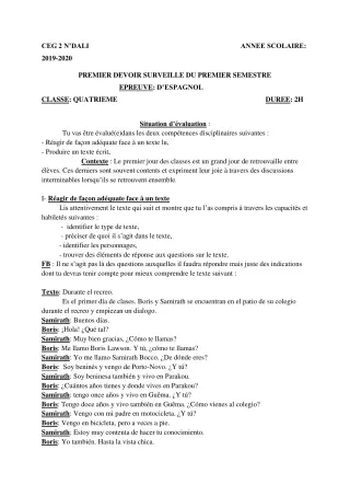 Première page de Espagnol 4e ML, 3e ML — 1er devoir surveillé, 1er semestre (2019-2020) · CEG 2 N'DALI