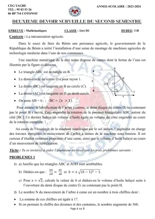 Première page de Mathématiques 2nde D — 2e devoir surveillé, 2e semestre (2023-2024) · CEG Yagbe