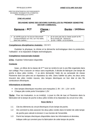 Première page de PCT 6e, 5e, 4e, 3e, 2nde C, 2nde D, 1ère C, 1ère D, Tle C, Tle D — 2e devoir surveillé, 1er semestre (2019-2020) · CEG1 AZOVE