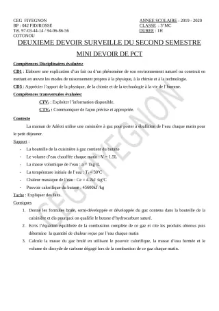 Première page de PCT 3e ML — 2e devoir surveillé, 2e semestre (2019-2020) · CEG FIYEGNON