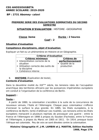 Première page de Histoire-Géographie 3e, 3e ML — 1re évaluation sommative, 2e semestre (2019-2020) · CEG Ahossougbéta