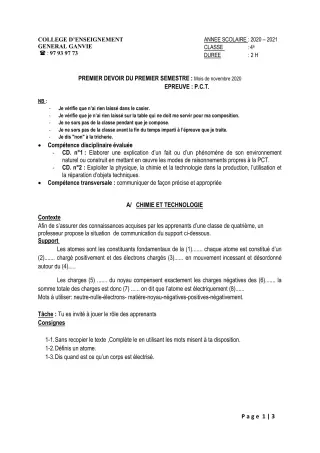 Première page de PCT 4e — Composition, 1er semestre (2020-2021) · CEG Ganvié
