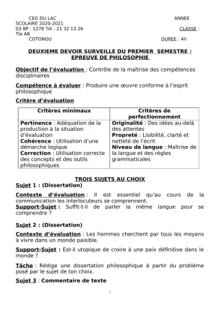 Première page de Philosophie Tle A2, Tle B — 2e devoir surveillé, 1er semestre (2020-2021) · CEG du Lac