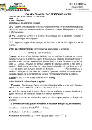 Première page de Examen Blanc de PCT — Tle D — CEG1 Adjarra (2021)