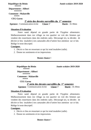 Première page de Français 5e — 2e devoir surveillé, 1er semestre (2019-2020) · CEG GAROU