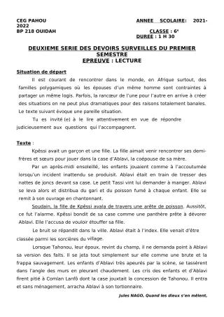 Première page de Français 6e — 2e devoir surveillé, 1er semestre (2021-2022) · CEG PAHOU