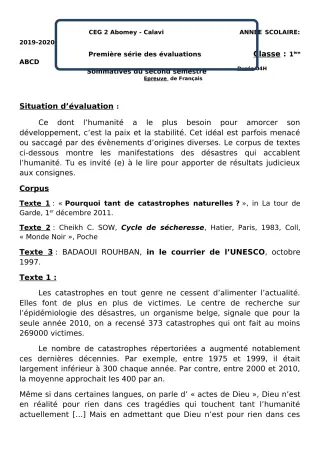 Première page de Français 1ère A & B, 1ère C, 1ère D — 1re évaluation sommative, 2e semestre (2019-2020) · CEG2 ABOMEY - CALAVI (CEG ZOCA)
