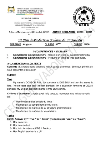 Première page de Anglais 6e — 1re production scolaire, 1er semestre (2023-2024) · CEG GOHO