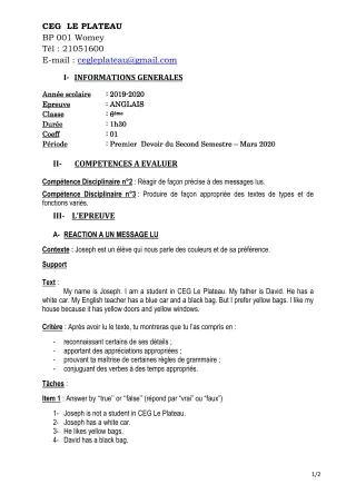 Première page de Anglais 6e — 1er devoir surveillé, 2e semestre (2019-2020) · CEG Le Plateau