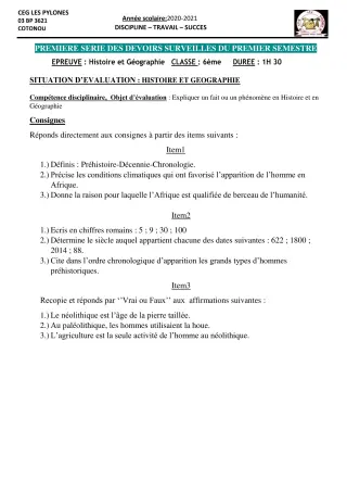 Première page de Histoire-Géographie 6e, 5e, 4e, 3e, 3e ML, 2nde A & B, 2nde A1, 2nde A2, 2nde B, 2nde C, 2nde D, 1ère A1, 1ère A2, 1ère B, 1ère C, 1ère D, Tle A1, Tle A2, Tle B, Tle C, Tle D — 1er devoir surveillé, 1