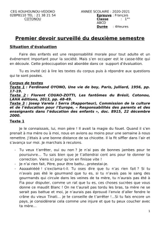 Première page de Français 1ère A1, 1ère A2, 1ère B, 1ère C, 1ère D — 1er devoir surveillé, 2e semestre (2020-2021) · CEG Kouhounou-Vêdoko
