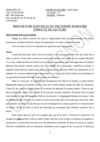 Première page de Français 3e, 3e ML — 1er devoir surveillé, 2e semestre (2019-2020) · CEG FIYEGNON
