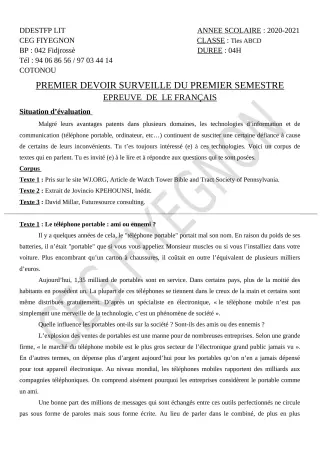 Première page de Français Tle A2, Tle B, Tle C, Tle D — 1er devoir surveillé, 1er semestre (2020-2021) · CEG FIYEGNON