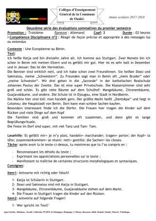 Première page de Allemand 3e ML — 2e évaluation sommative, 1er semestre (2017-2018) · CEG C.P de Dompago
