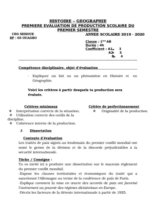 Première page de Histoire-Géographie 1ère A, 1ère B — 1re production scolaire, 1er semestre (2019-2020) · CEG SEHOUE
