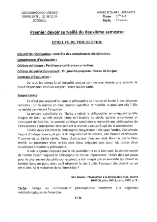 Première page de Philosophie 2nde A & B — 1er devoir surveillé, 2e semestre (2020-2021) · CEG Kouhounou-Vêdoko