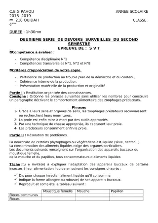 Première page de SVT 6e — 2e devoir surveillé, 2e semestre (2018-2019) · CEG PAHOU