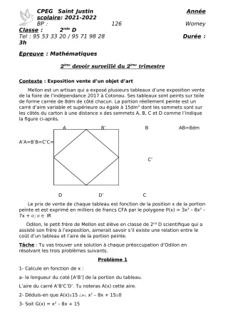 Première page de Mathématiques 2nde C, 2nde D, 1ère D — 2e devoir surveillé, 2e trimestre (2021-2022) · CPEG SAINT Justin
