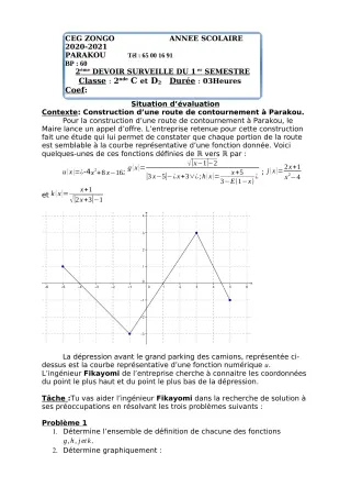 Première page de Mathématiques 1ère C, 1ère D — 2e devoir surveillé, 1er semestre (2020-2021) · CEG ZONGO
