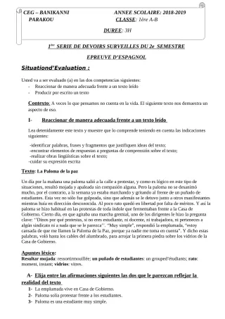 Première page de Espagnol 1ère A2, 1ère B — 1er devoir surveillé, 2e semestre (2018-2019) · CEG Banikanni