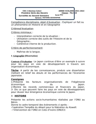 Première page de Histoire-Géographie Tle C — 1er devoir surveillé, 2e semestre (2021-2022) · CEG2 ABOMEY - CALAVI (CEG ZOCA)