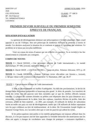 Première page de Français Tle A1, Tle A2, Tle B — 1er devoir surveillé, 1er semestre (2019-2020) · CEG FIYEGNON