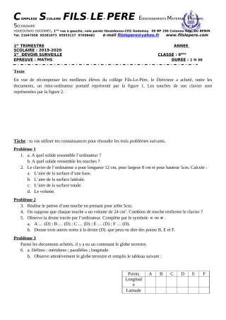 Première page de Mathématiques 6e — 1er devoir surveillé, 1er trimestre (2019-2020) · CPEG Fils-Le-Père