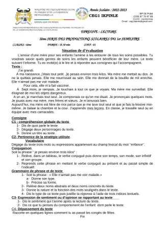 Première page de Français 6e, 5e, 4e, 4e ML, 3e, 3e ML, 2nde A, 2nde A1, 2nde A2, 2nde C, 2nde D, 1ère A, 1ère A1, 1ère A2, 1ère C, 1ère D, Tle A1, Tle A2, Tle C, Tle D — 2e production scolaire, 1er semestre (2022-202