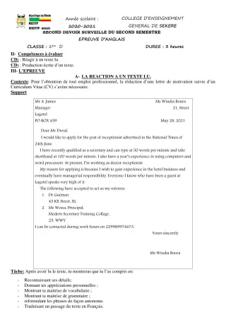 Première page de Anglais 1ère A2, 1ère D — 2e devoir surveillé, 2e semestre (2020-2021) · CEG SEKERE