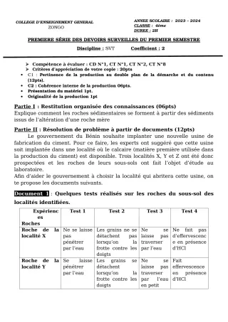 Première page de SVT 4e — 1er devoir surveillé, 1er semestre (2023-2024) · CEG ZONGO