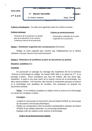 Première page de SVT 2nde A, 2nde B — 1er devoir surveillé, 1er semestre (2018-2019) · CEG2 ABOMEY - CALAVI (CEG ZOCA)