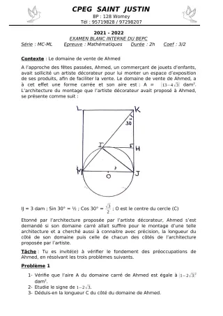 Première page de Examen Blanc de MATHS GENE — 3e, 3e ML — CPEG SAINT Justin (2021)