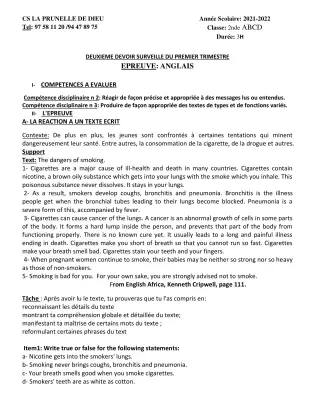 Première page de Anglais 2nde B, 2nde D — 2e devoir surveillé, 1er trimestre (2021-2022) · CEPG La Prunelle de Dieu