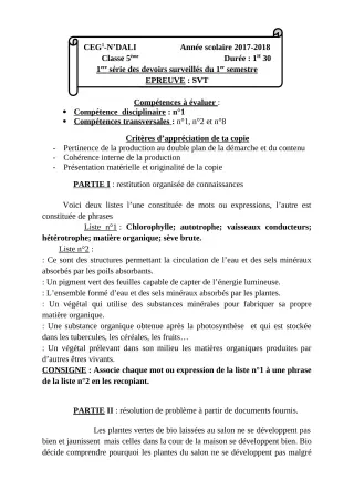 Première page de SVT 5e — 1er devoir surveillé, 1er semestre (2018-2019) · CEG 1 N'Dali