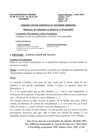Première page de Histoire-Géographie 3e, 3e ML — 1er devoir surveillé, 2e semestre (2020-2021) · CEG Kouhounou-Vêdoko