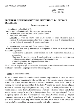 Première page de Espagnol Tle A2, Tle B — 1er devoir surveillé, 2e semestre (2018-2019) · CEG Agassa Godomey
